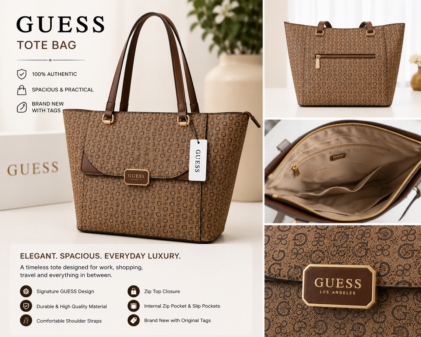 GUESS Signature Tote Bag – Brown